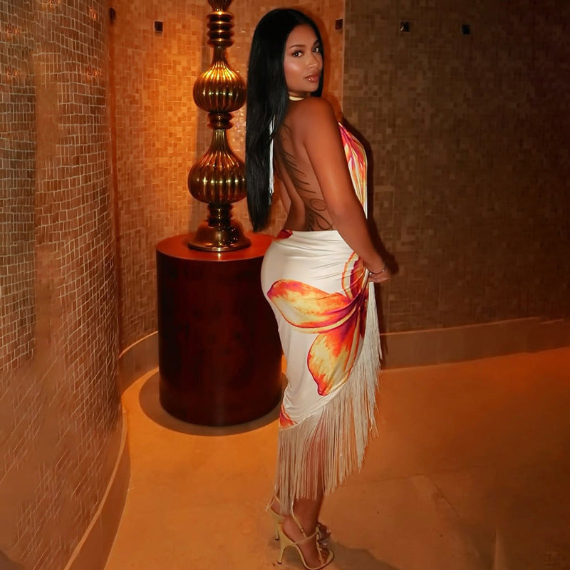 Women fall/winter Halter Neck lace-up V-neck backless printed top and tassel sexy skirt two-piece set 3