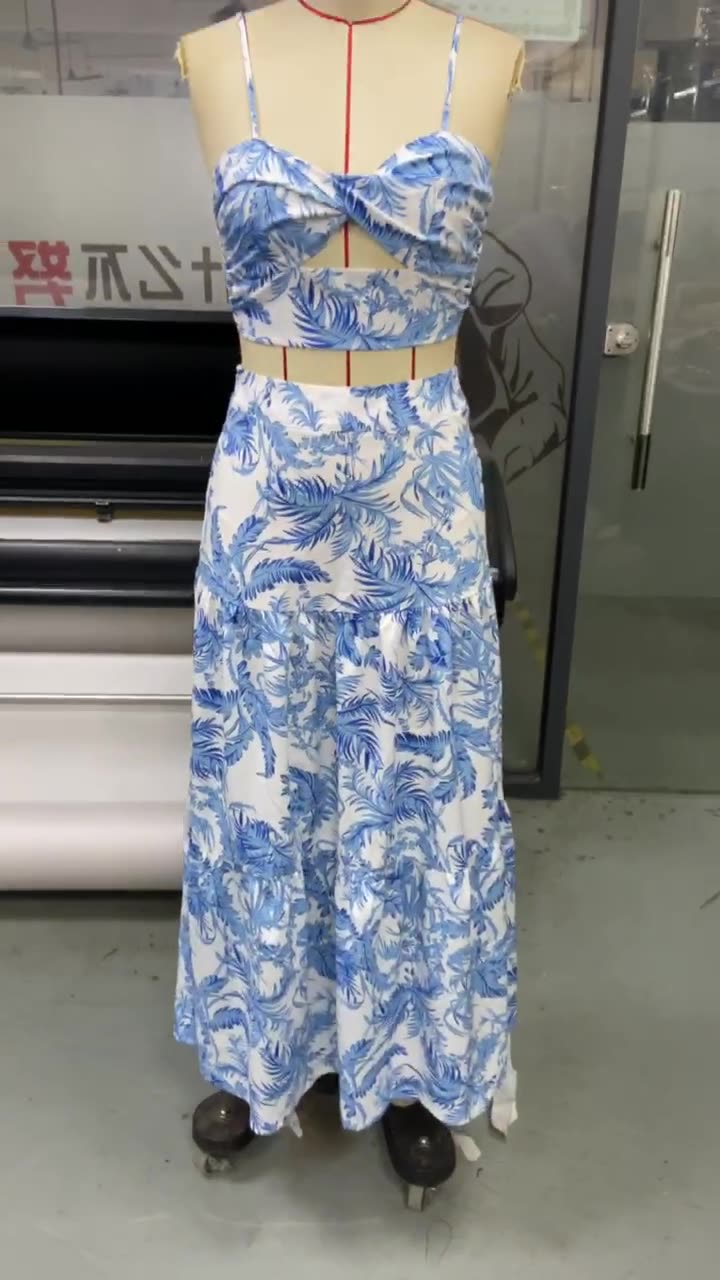 Women Printed Crop Top and Maxi Dress Two-Piece Set 4