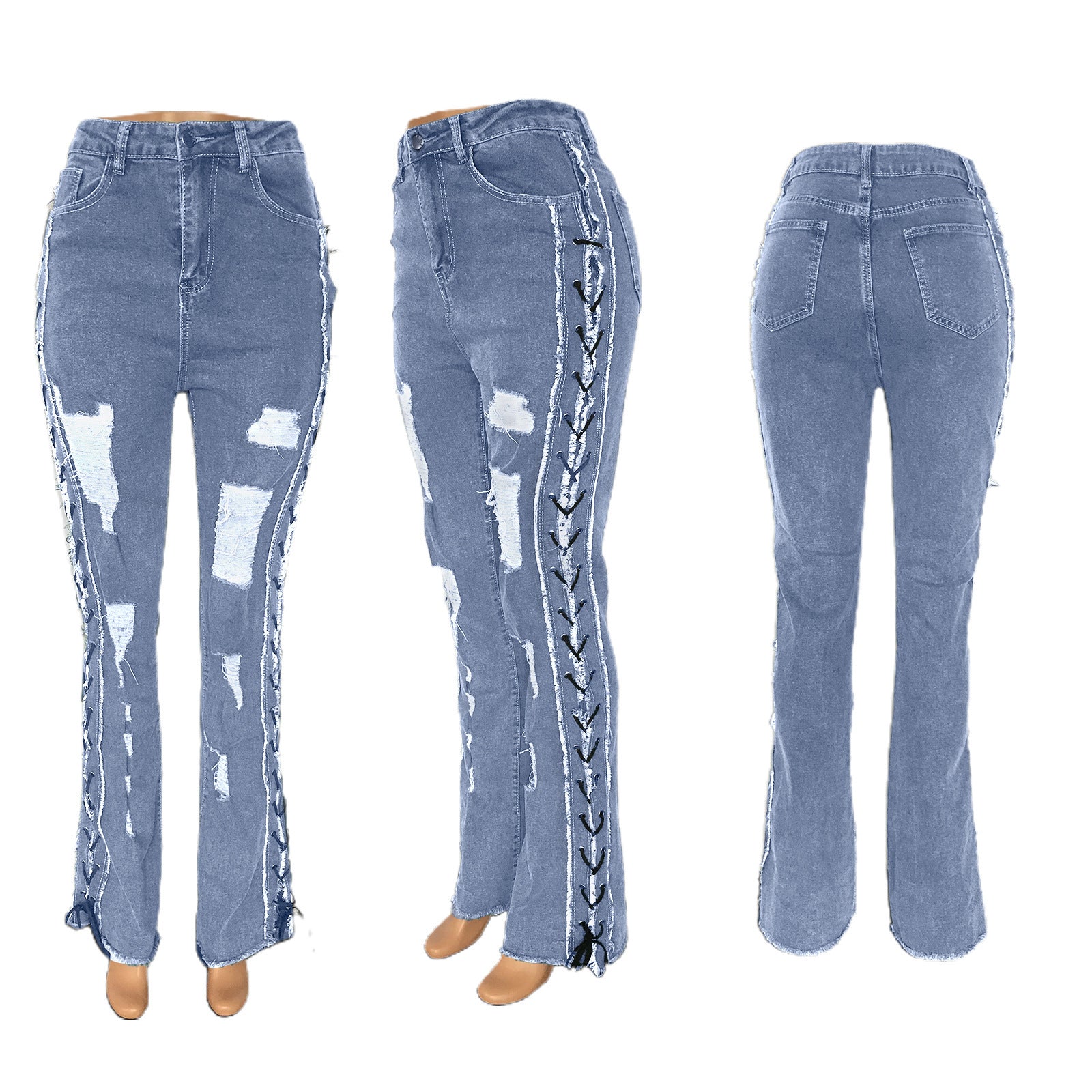 Stretch Jeans Women Frayed Fashion Bell Bottom Washed Ripped Denim Pants 5