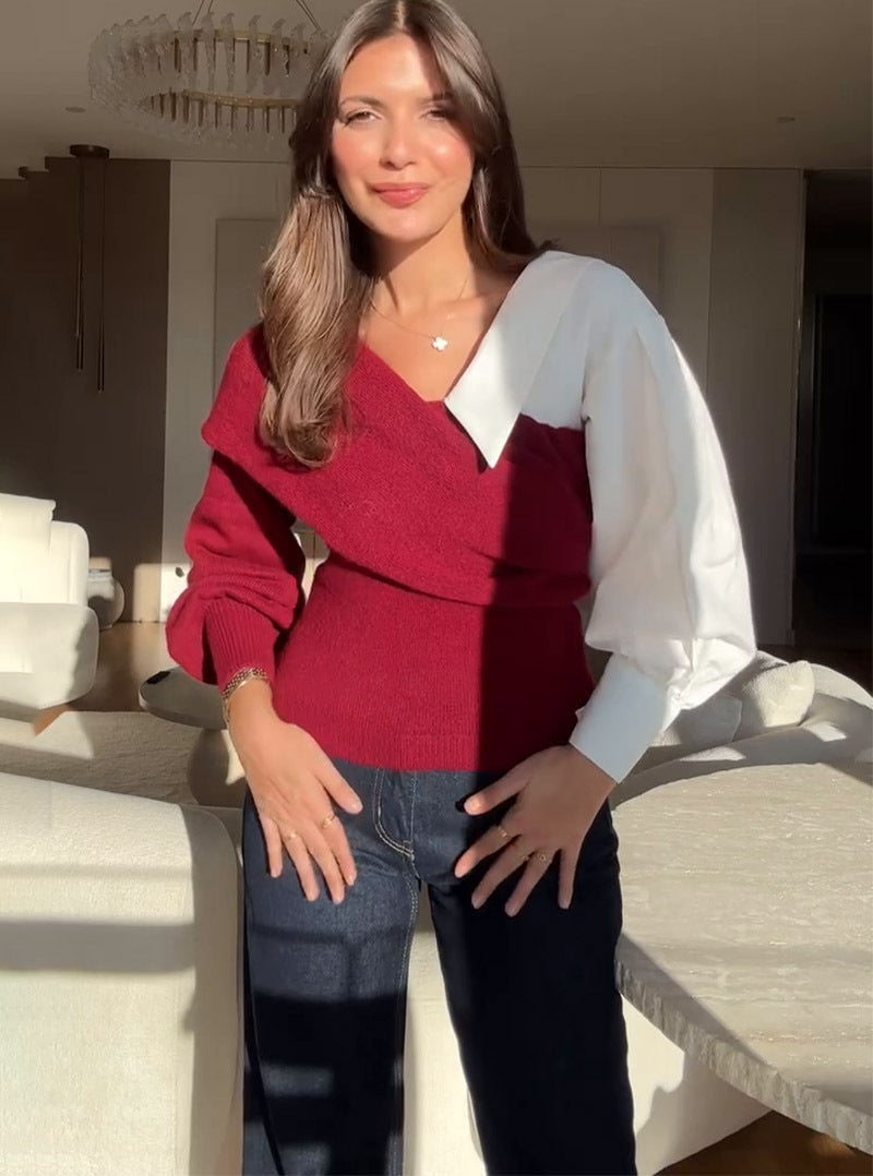 Chic Color Matching Design Off-Shoulder Long-Sleeved Knitting Sweater 3