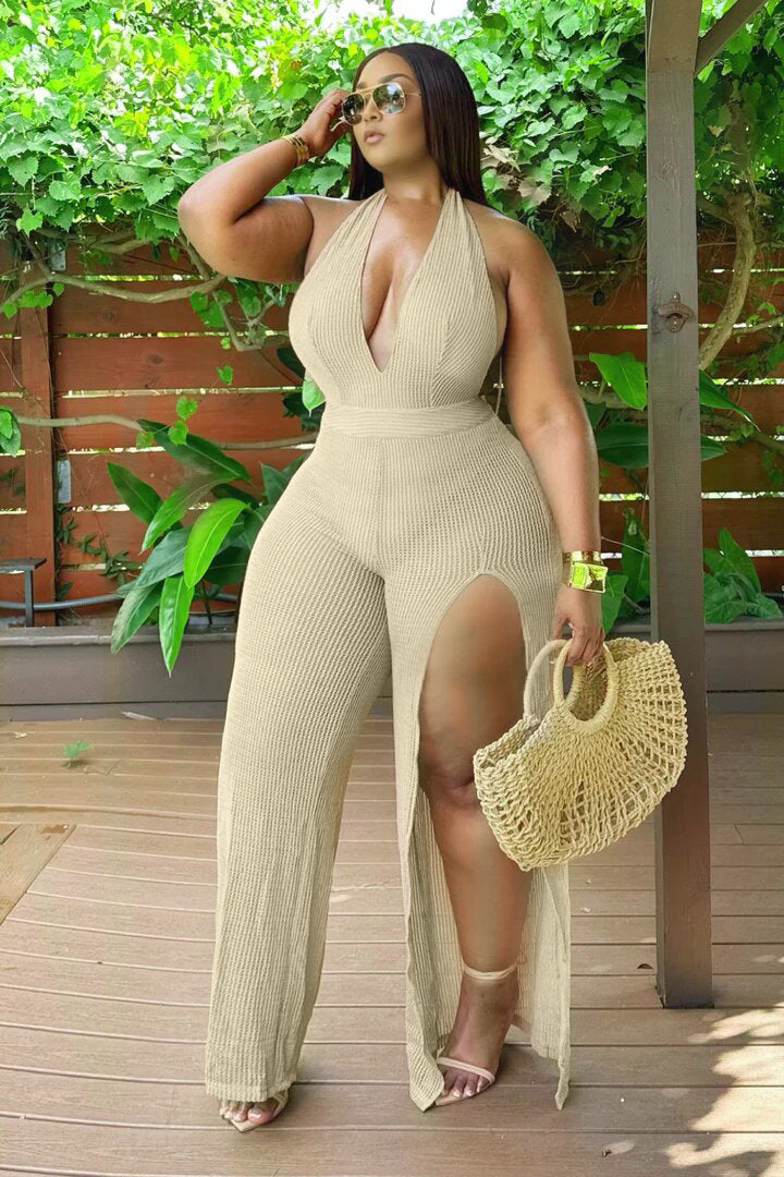 Women's Summer Casual Halter-Neck Jumpsuit with Irregular Slit Leg 3
