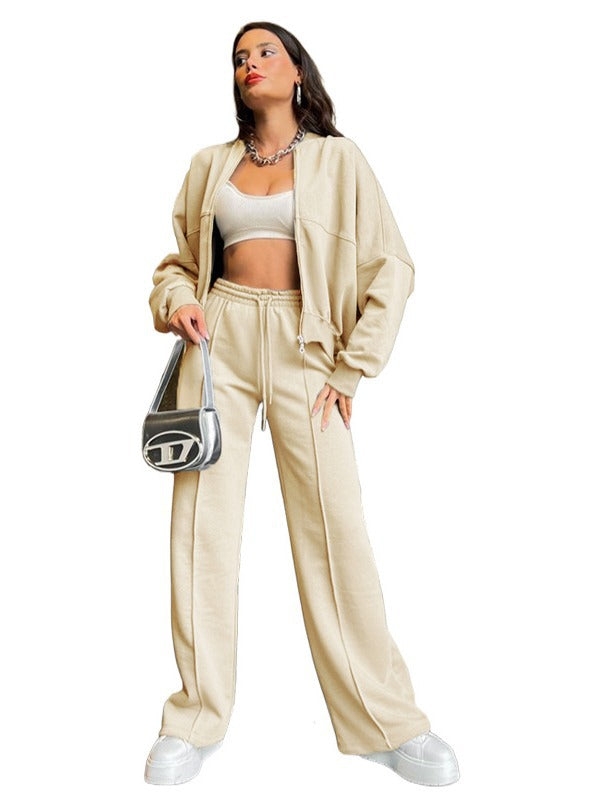 Autumn and Winter Solid Color Zipper Top Women's Fashion Casual Straight Pants two piece set 11