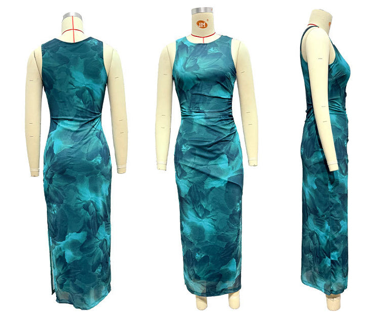 Women's Spring Summer Chic Sexy Printed Sleeveless Slim Waist Slim Long Dress 9