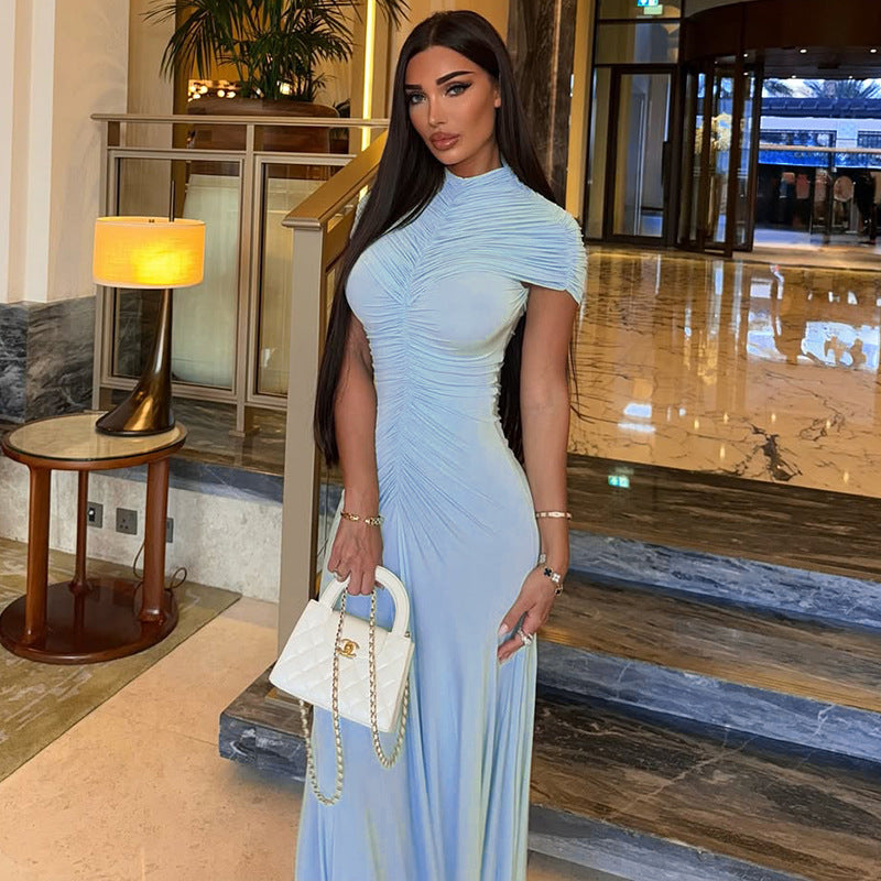 Elegant Women's Pleated Solid Color Bodycon Slim High Neck Short-Sleeve Long Dress