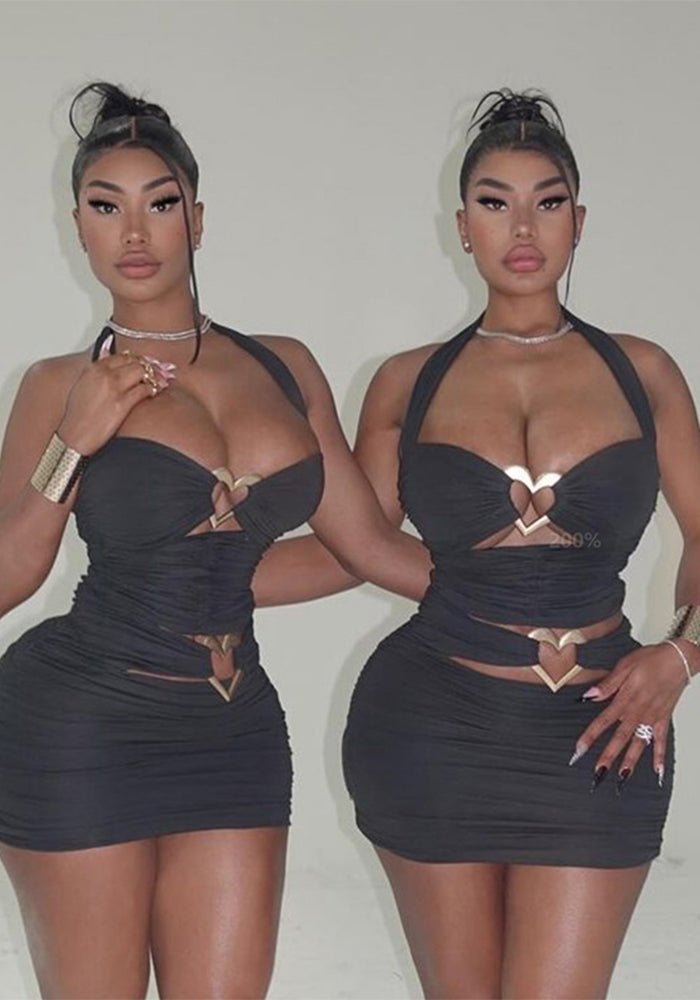 Women sexy Halter Neck Heart Print Metal button hollow sexy dress