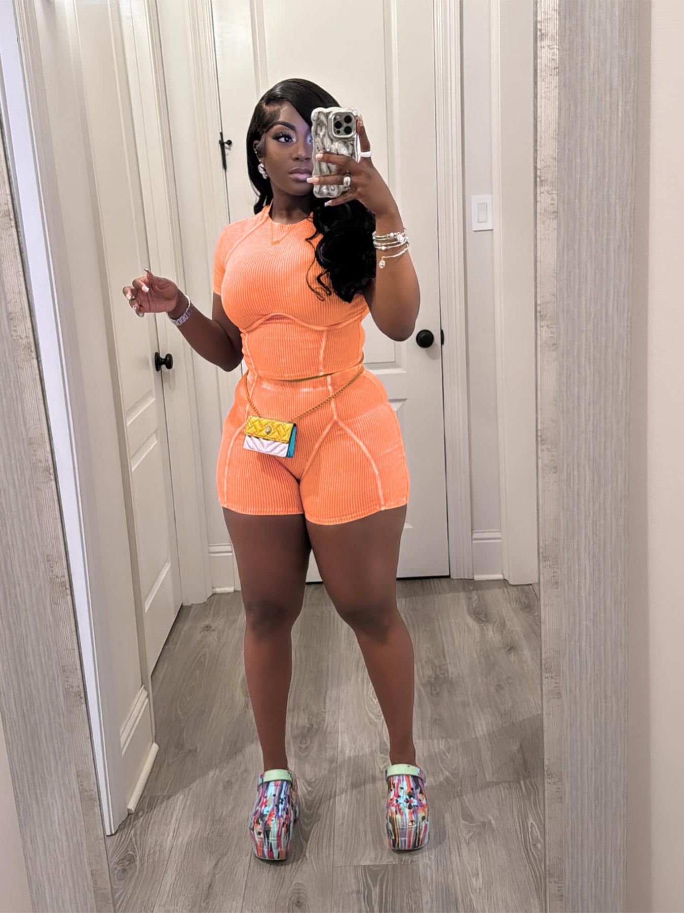 Women Fashion Ribbed Washed faded two-piece shorts set 6