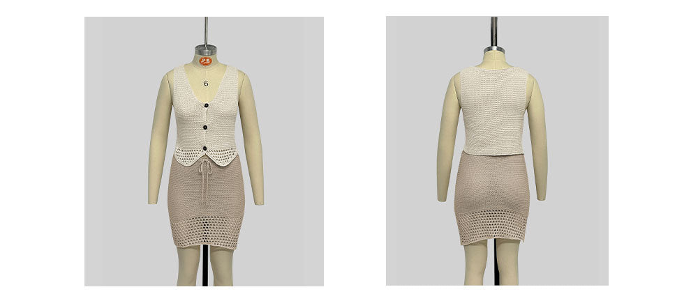 Women v-neck vest skirt Solid two-piece set 16