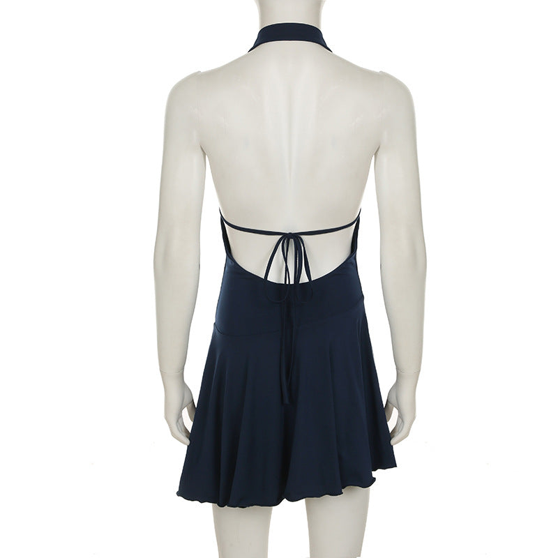 Women's Chic Solid Color Pleated Off-Shoulder Sexy Low-Back Lace-Up Waist Mini Dress 10