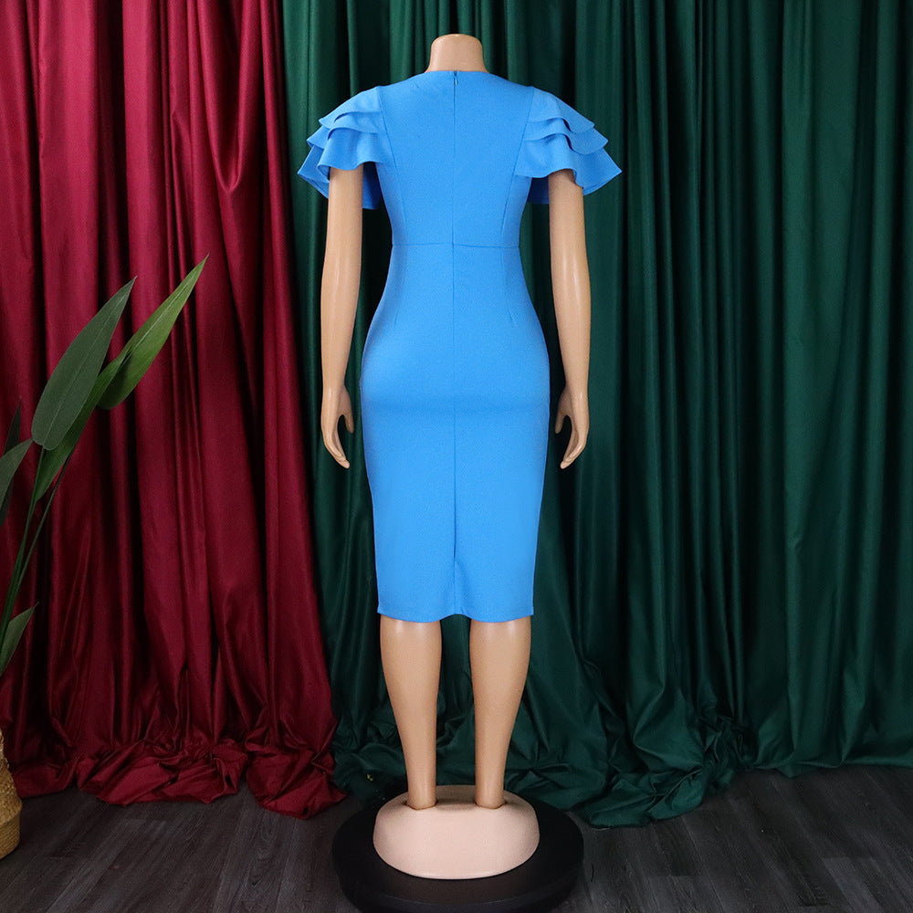 Women's Summer Chic Career Square Neck Short Sleeve Sexy Bodycon African Dress 19