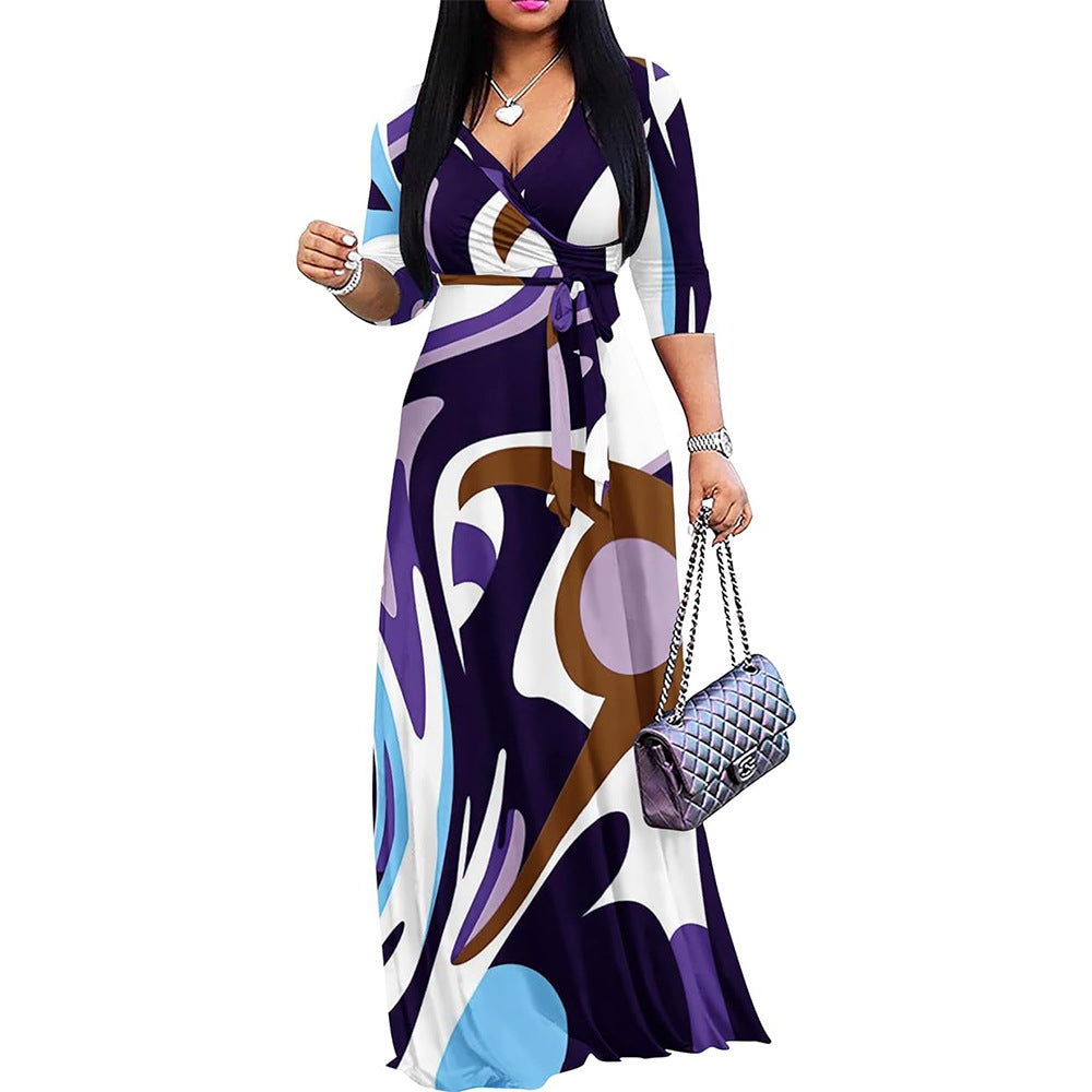 Women Casual Floral Printed V-Neck Half-Sleeve Maxi Dress
