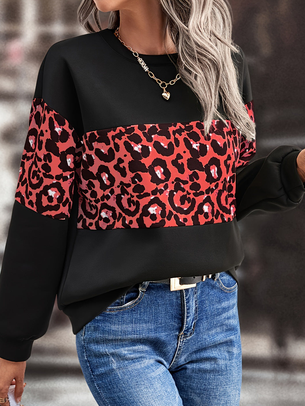 Women Autumn Loose Round Neck Long Sleeve Leopard Patchwork Top 6
