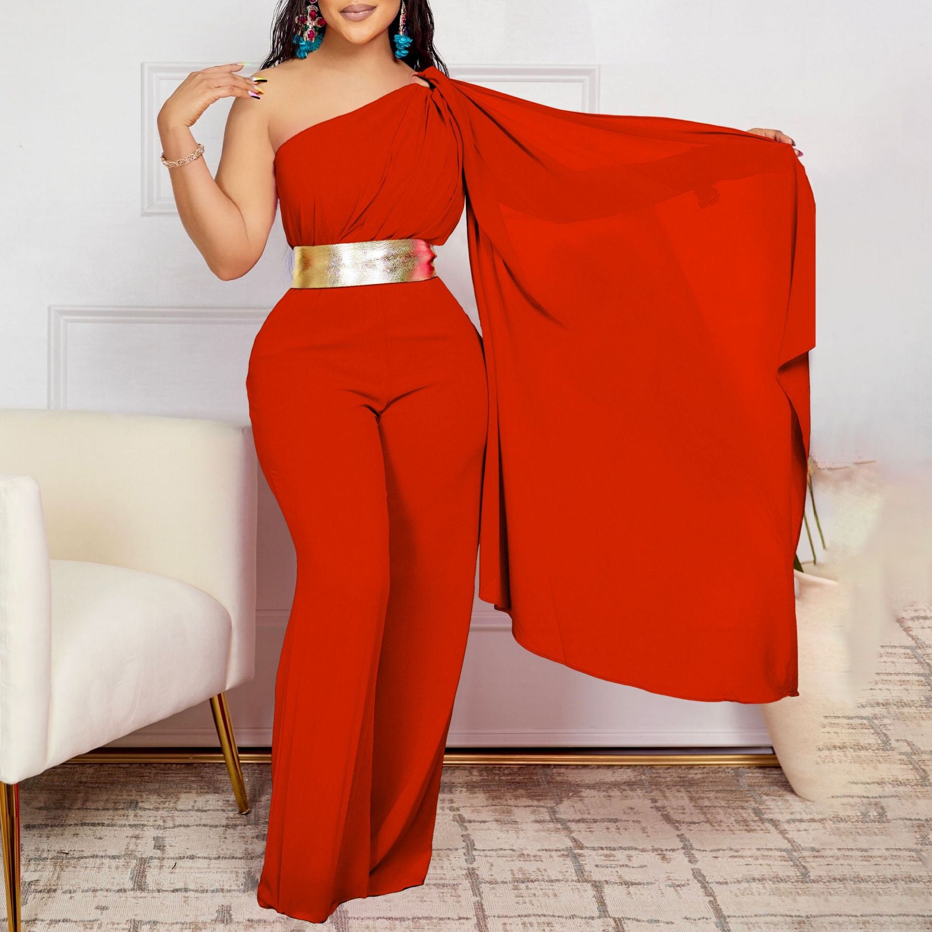 Women's Spring Summer Fashion Chic Slash Shoulder Patchwork Pleated OL High Waist African Jumpsuit 5