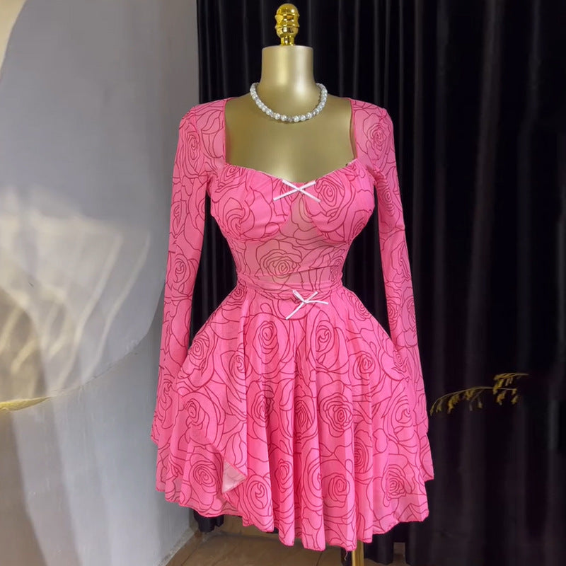 Women's Summer Chic Sweet Square Neck Bow Long Sleeve Asymmetrical Dress