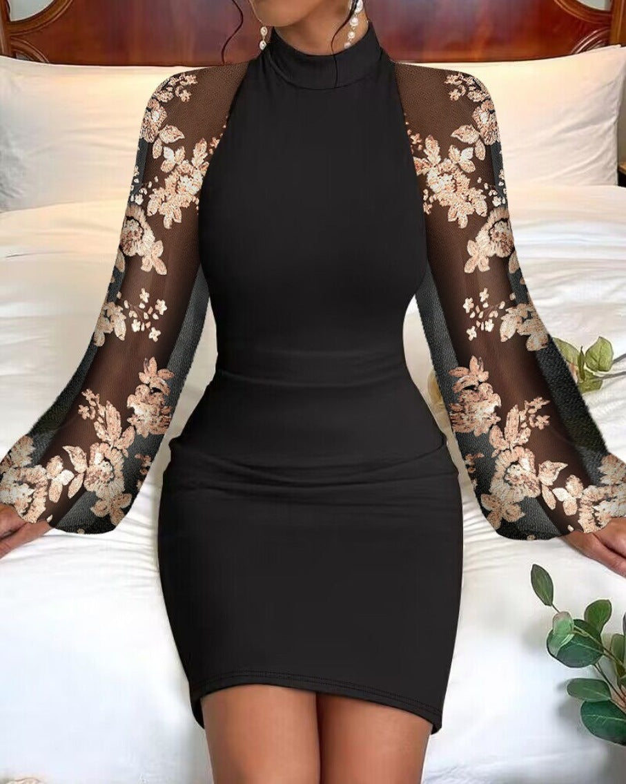 Autumn And Winter Round Neck Lace Long Sleeve Slim Waist Bodycon Dress Women's Clothing 8