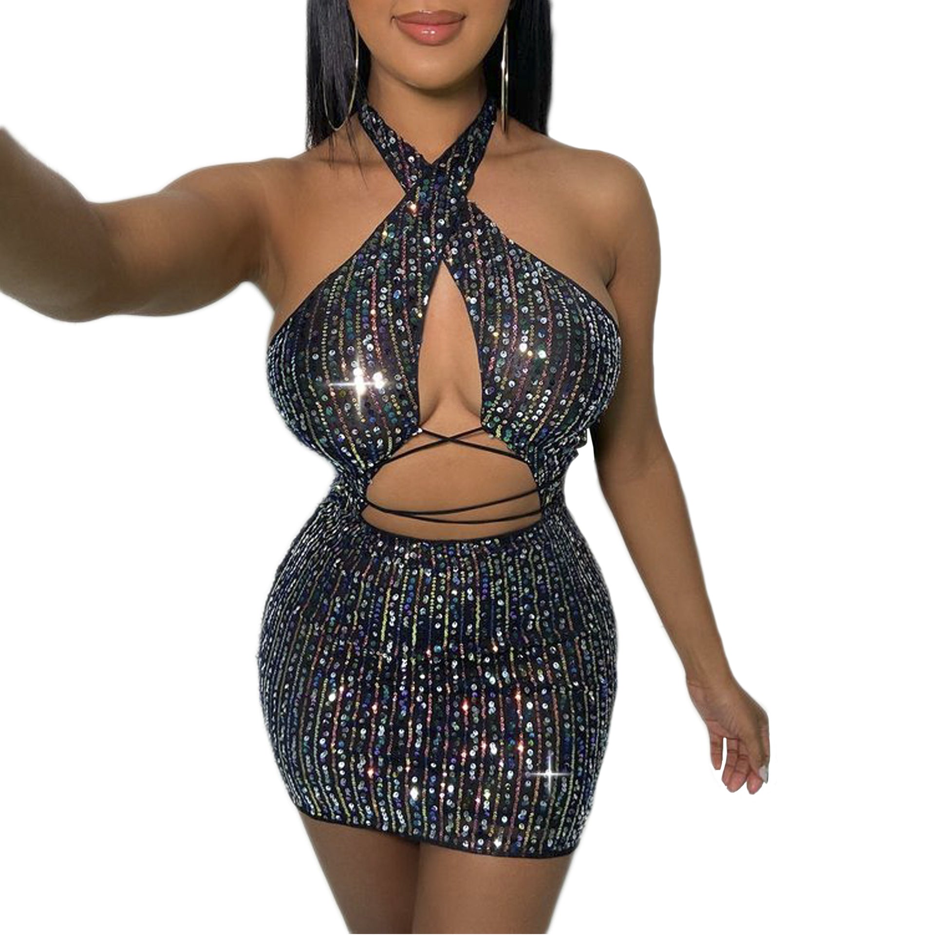 Women Sexy Backless Sequin Halter Bodycon Dress 4