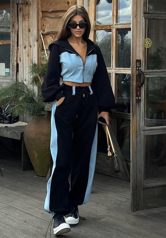 Women's Fashion Casual Hoodies Set Denim Patchwork Hooded Top and Pants Two-Piece Set