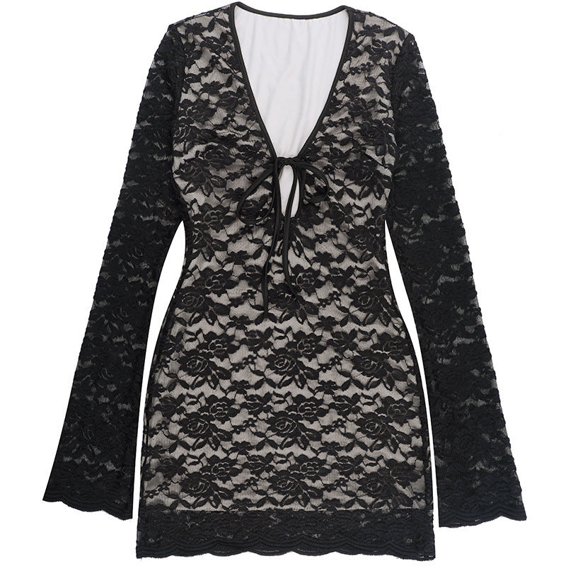 Women Bell Bottom Long-Sleeved Sexy Lace-Up Mini Dress 9