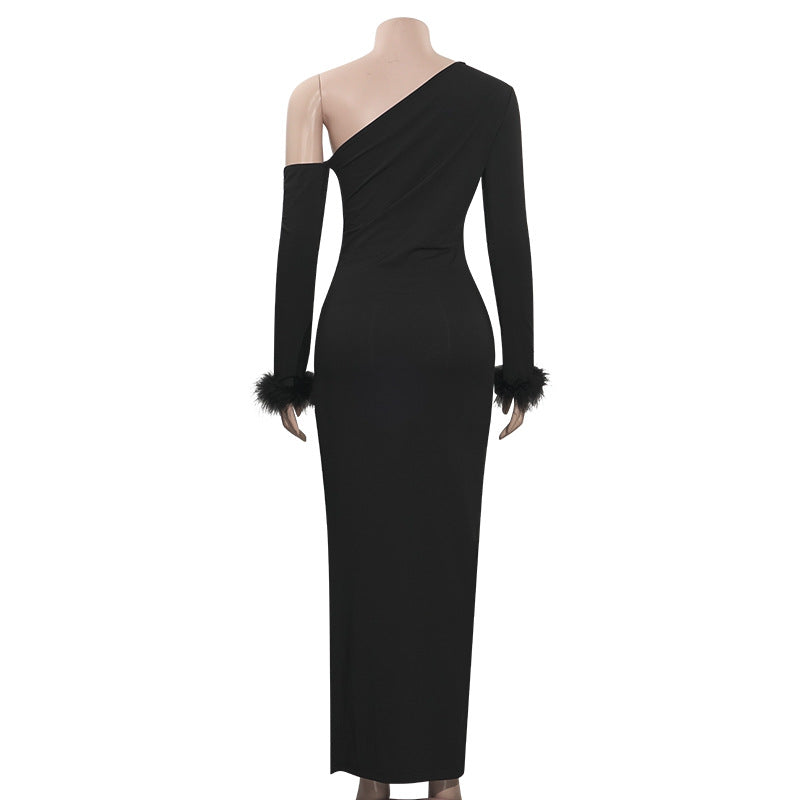 Spring Solid Color Slash Shoulder Feather Patchwork Sexy Slit Slim Dress 10