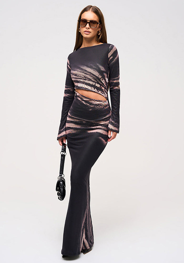 Women's Autumn Print Hollow Waist Sexy Slim Long Dress