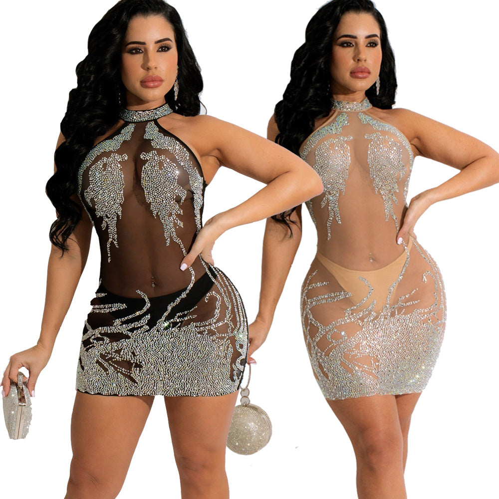 Women Sexy Mesh See Through Hollow Out Rhinestone Bodycon Dress