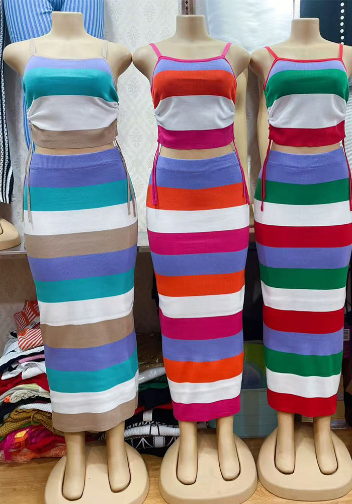 Knitting rainbow slim summer Strap two piece skirt set