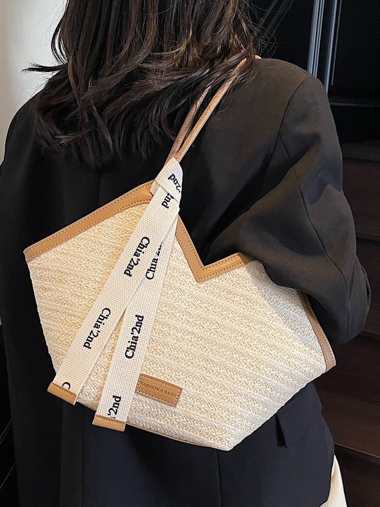 Women woven straw bag handbag single shoulder bag Beach shoulder bag Career tote bag 7