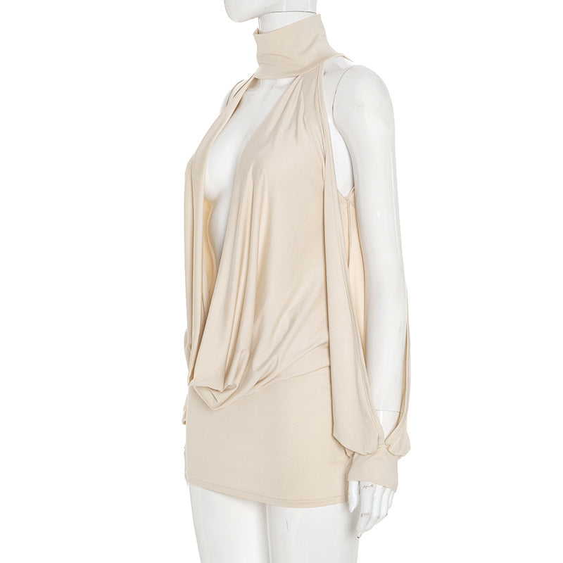 Women's Autumn Solid Color Sexy Draped Neck Halter Neck Hollow Out Long Sleeve Bodycon Short Dress 9