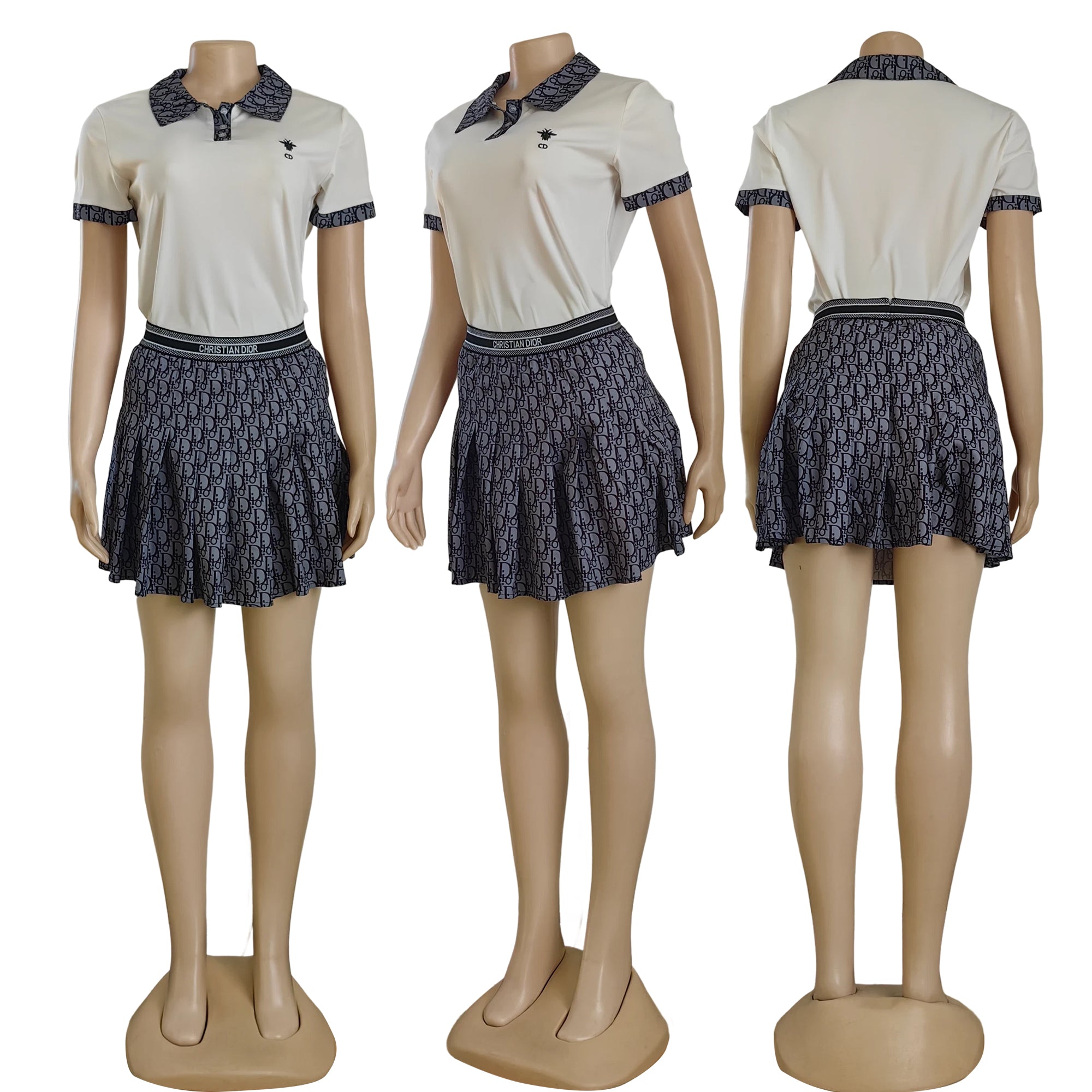 Women Casual sports Turndown Collar short sleeve Top and sexy pleated Skirt two-piece set 8