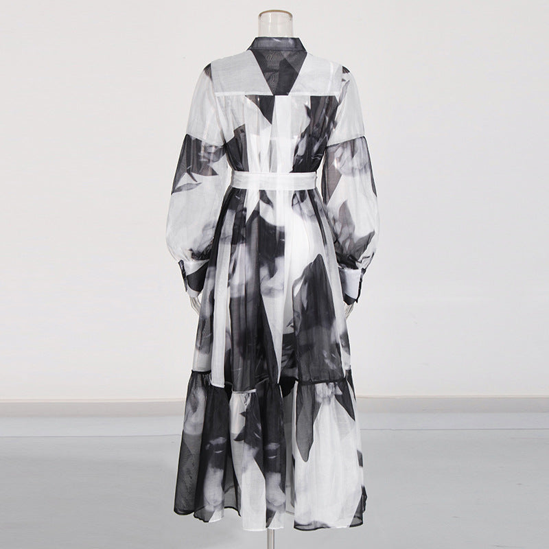 Women Vintage Paint Print Belt V-neck Long Sleeve Dress 22