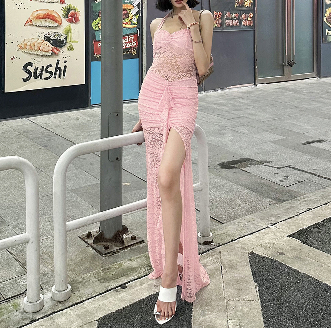 Summer Fashion Chic Elegant Lace Patchwork Halter Neck Slit Long Dress 14