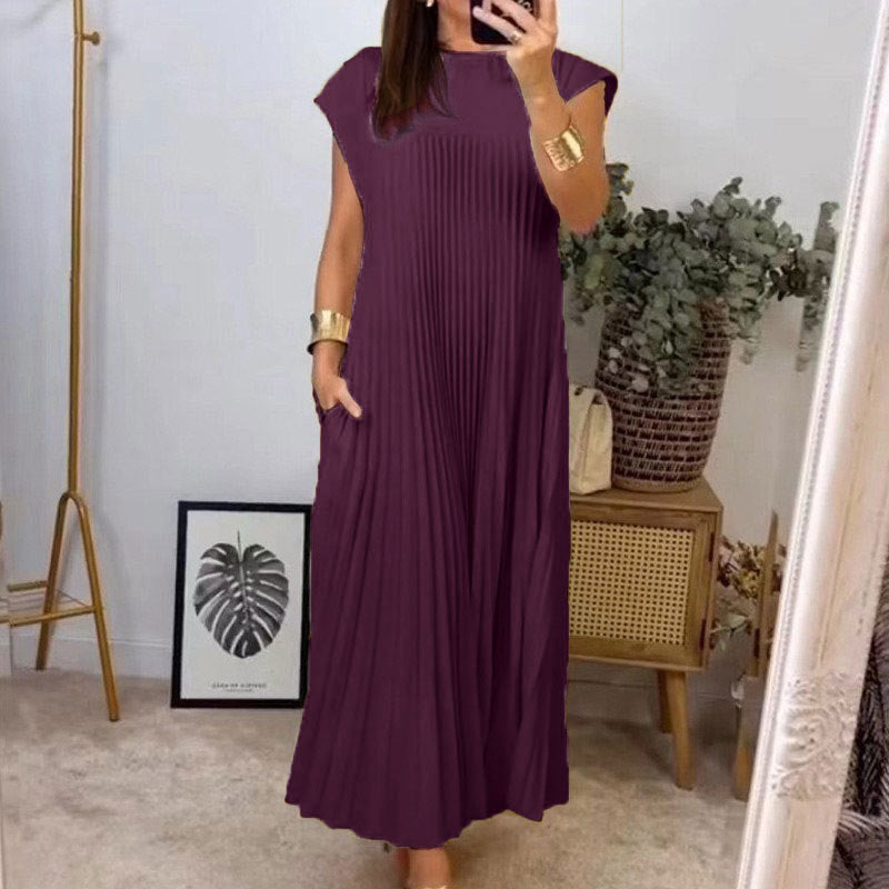 Autumn women's elegant fashion Round Neck sleeveless pleated long dress 7