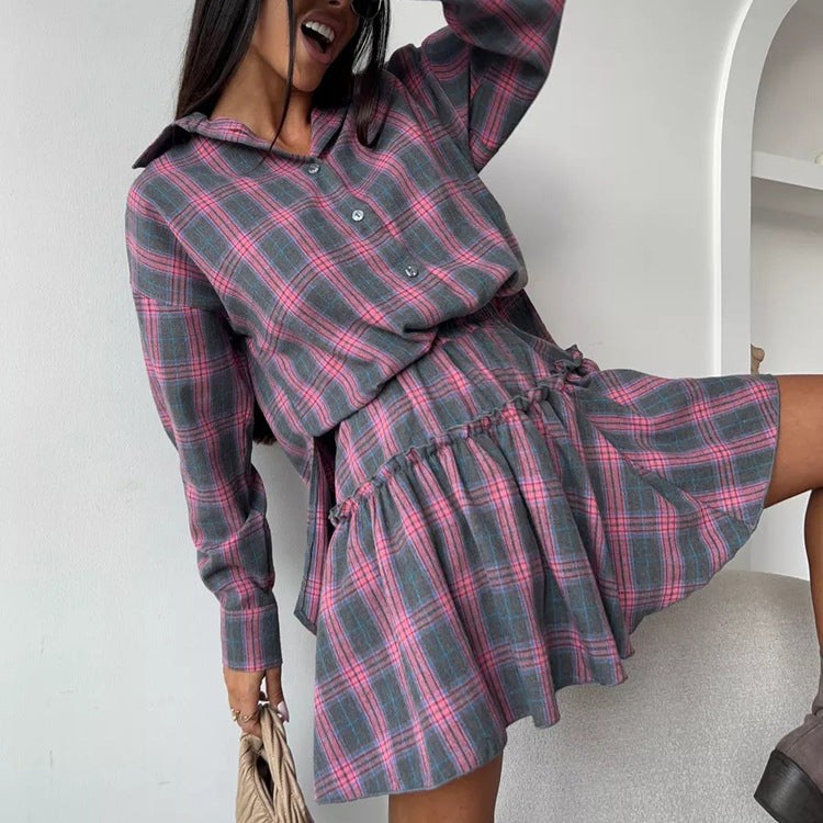 Women's Casual Plaid Turndown Collar Shirt Skirt Set
