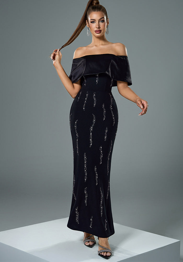 Women Off Shoulder Short Sleeve Beaded Black Bodycon Dinner Dress