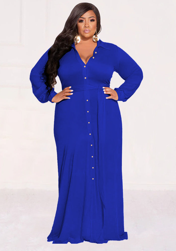 Plus Size Women Solid Tie Long Sleeve Shirt Dress