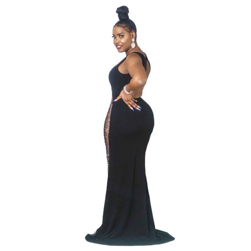 Women Sexy Sleeveless Combination Rhinestone Perspective Evening Dress 6