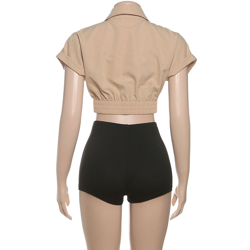 Women Summer Rolled-Hem Short-Sleeve Crop Shirt and Solid Shorts Two-Piece Set 6