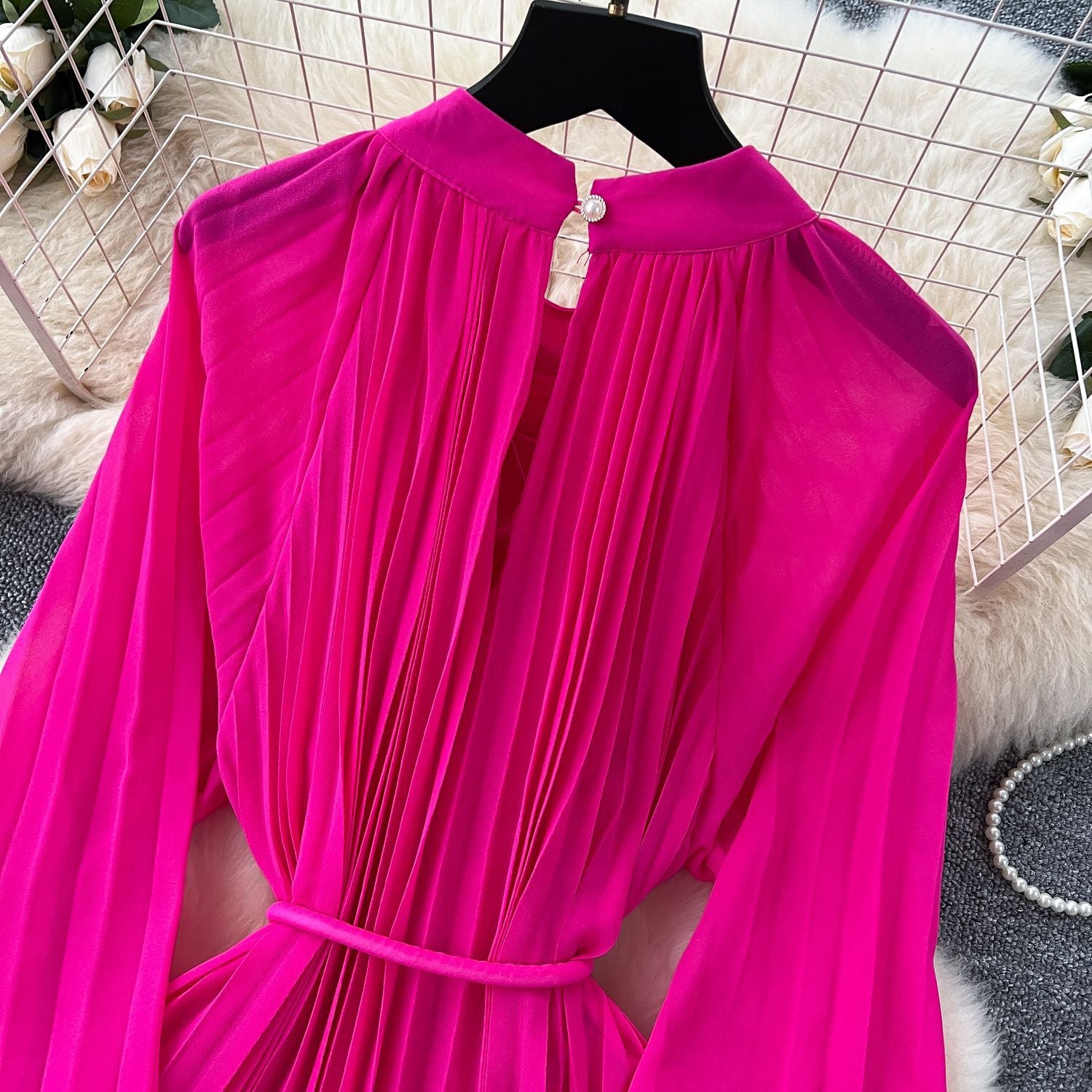 Elegant Women's Luxury Beaded Flower Belt Slim Waist Pleated Long Dress 18