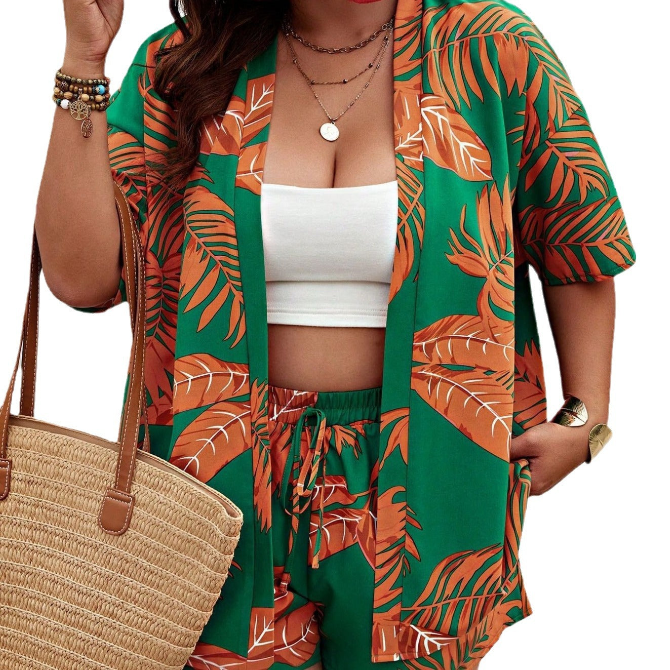 Spring Summer Women's Fashion Print Casual Holidays Cardigan Shorts Set 13