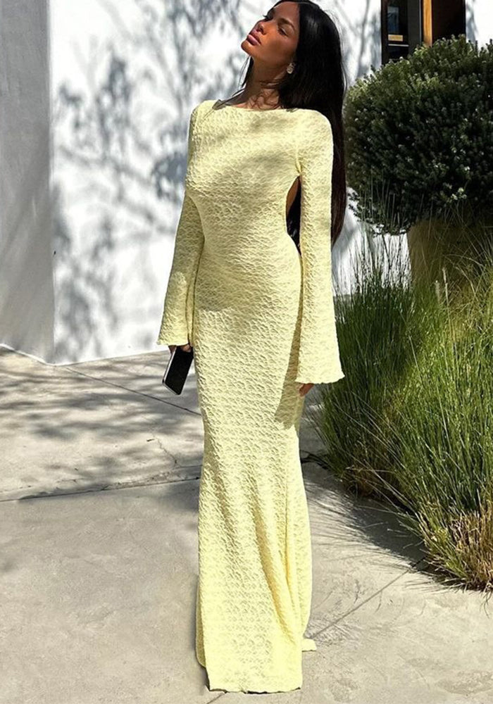 Women Autumn Low Back Lace-Up Backless Long Sleeve Long Dress