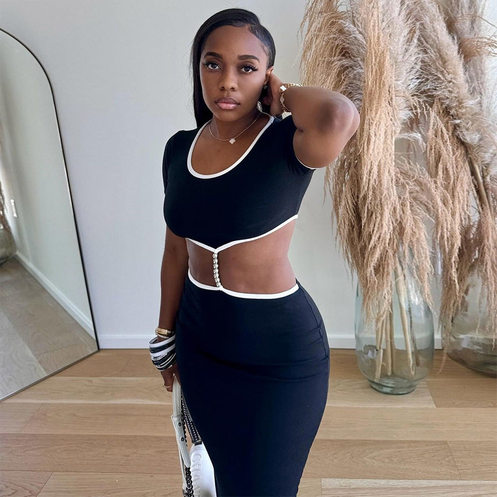 Women Summer Contrast Color Cut Out Round Neck Dress 4