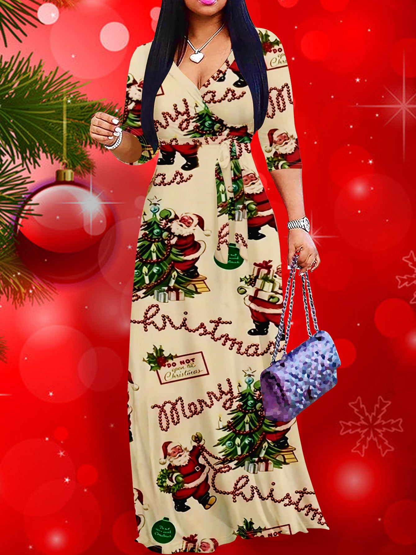 Spring Summer & Autumn Women's Fashion Elegant V-Neck Half-Sleeve Casual Long Dress 4