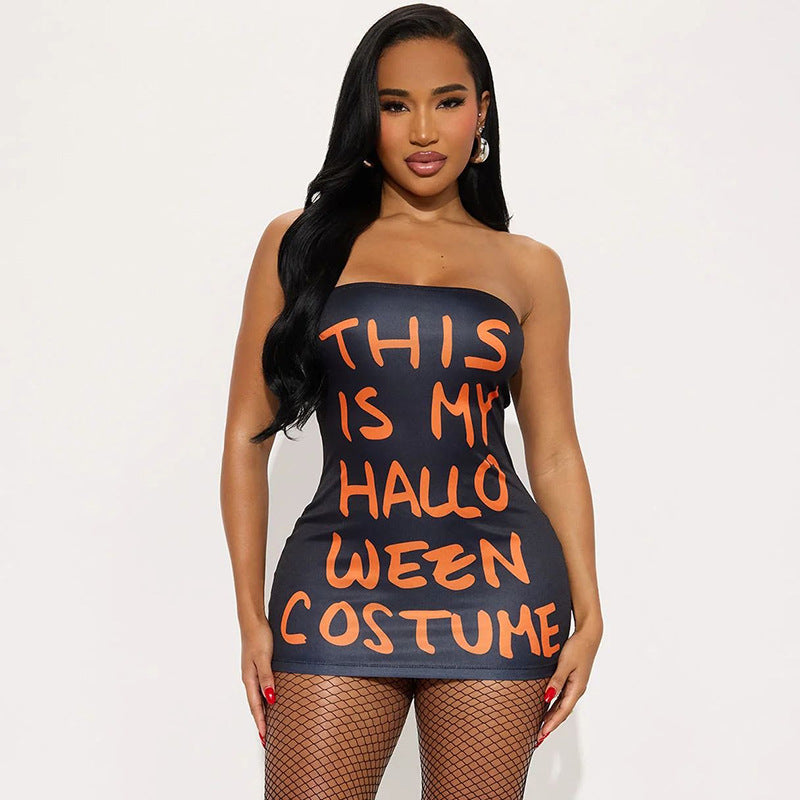 Women's Autumn Strapless Halloween Print Tight-Fitting Mini Bodycon Dress 9