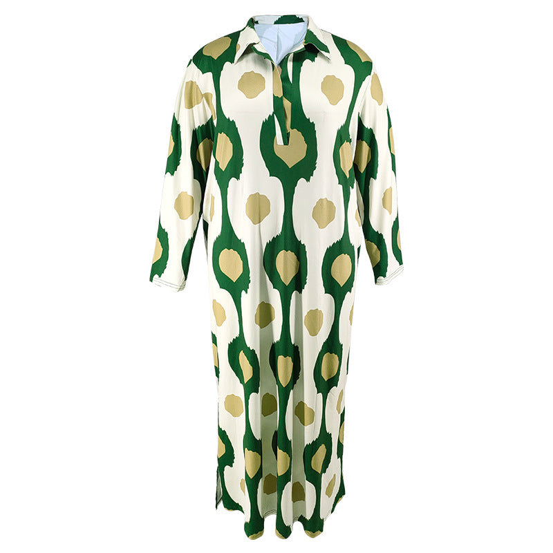 Plus Size Women Turndown Collar Long Sleeve Slit Loose Dress 19