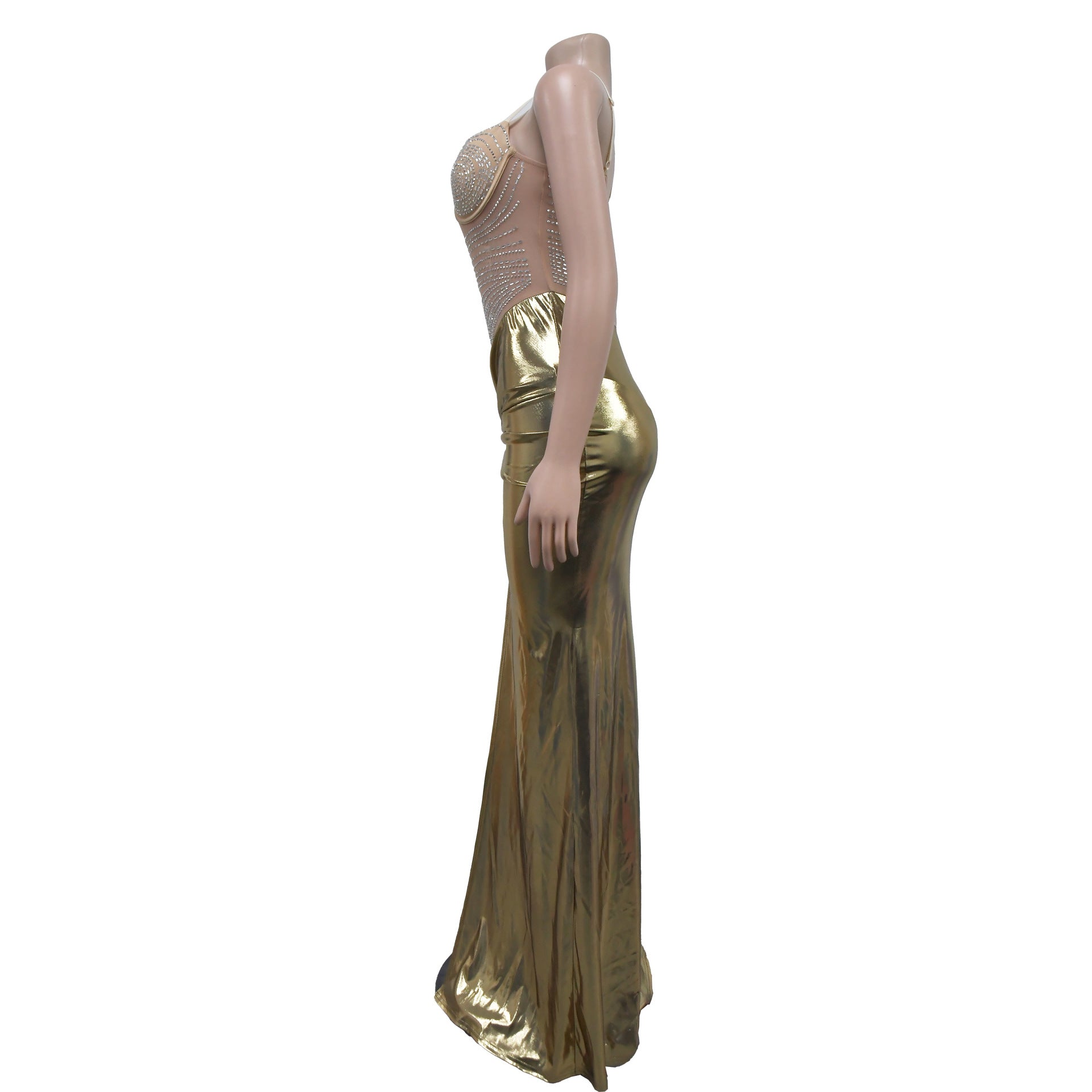 Fashionable women's rhinestone beaded see-through mesh patchwork high slit dress 11