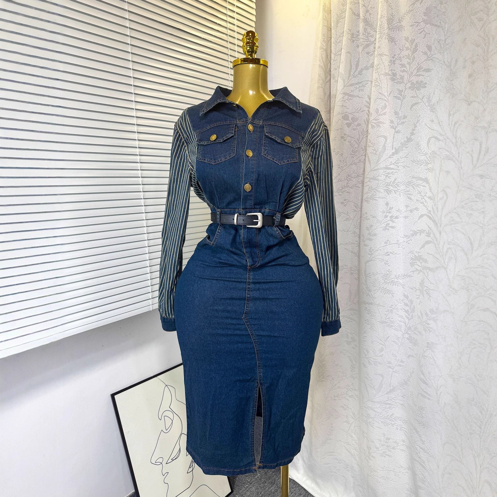 Women's Long Sleeve Striped Patchwork Turndown Collar Metal Button Slim Waist Slim-Fit Slit Denim Dress 5