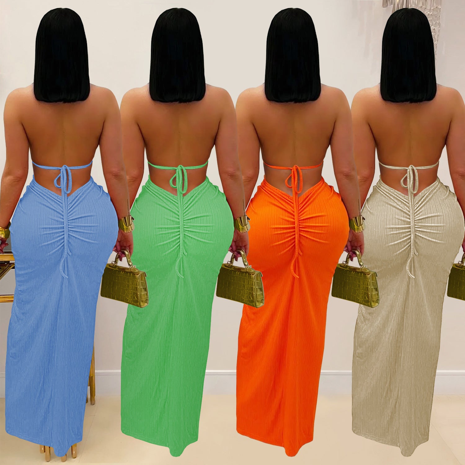 Women sexy knitting Halter Neck Backless Solid Dress 8