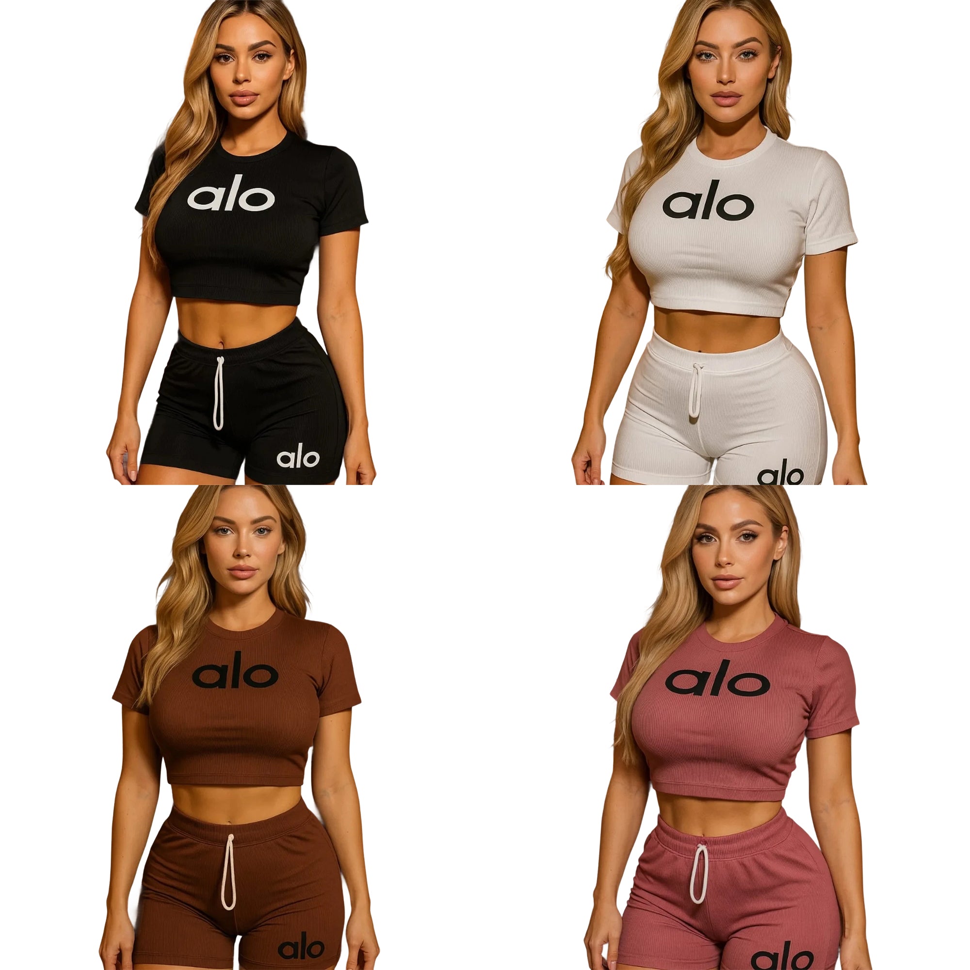 Women summer Stretch Round Neck short-sleeved top and shorts two-piece set 9