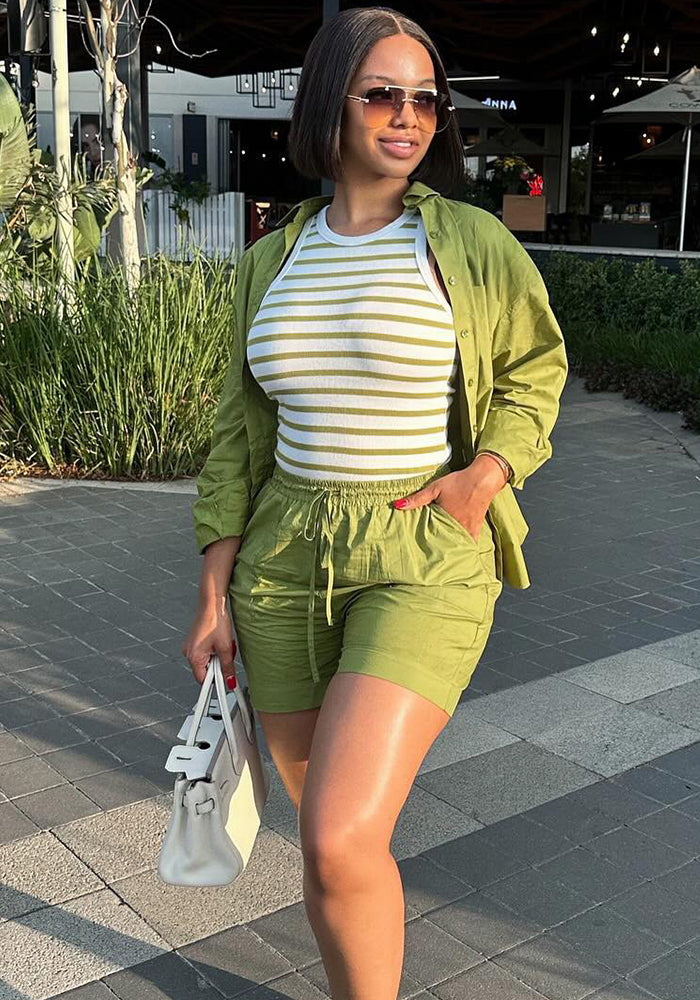 African Print Long-Sleeve Shirt Shorts Two-Piece Set