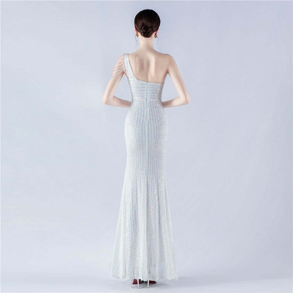 Women Beaded One Shoulder Slash Shoulder Split sequined evening dress 9