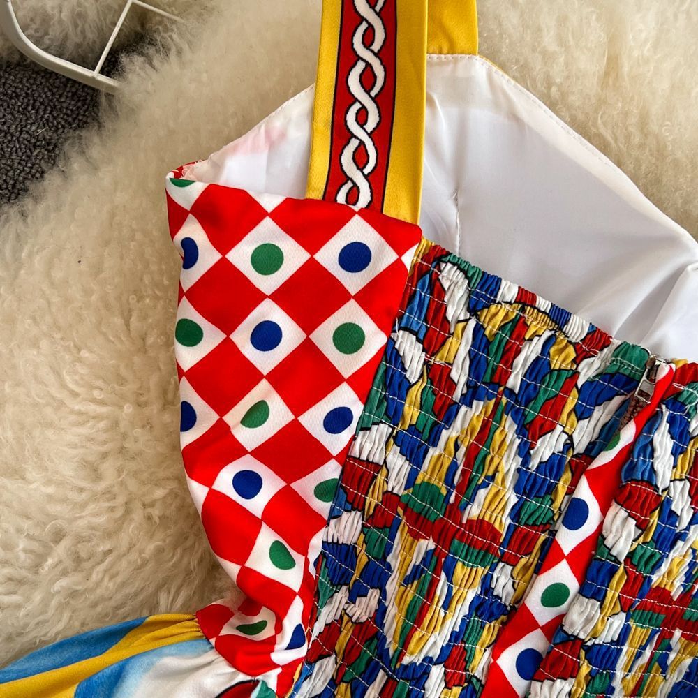 Women Vintage Baroque Strapless Beach Holidays Print Dress 10